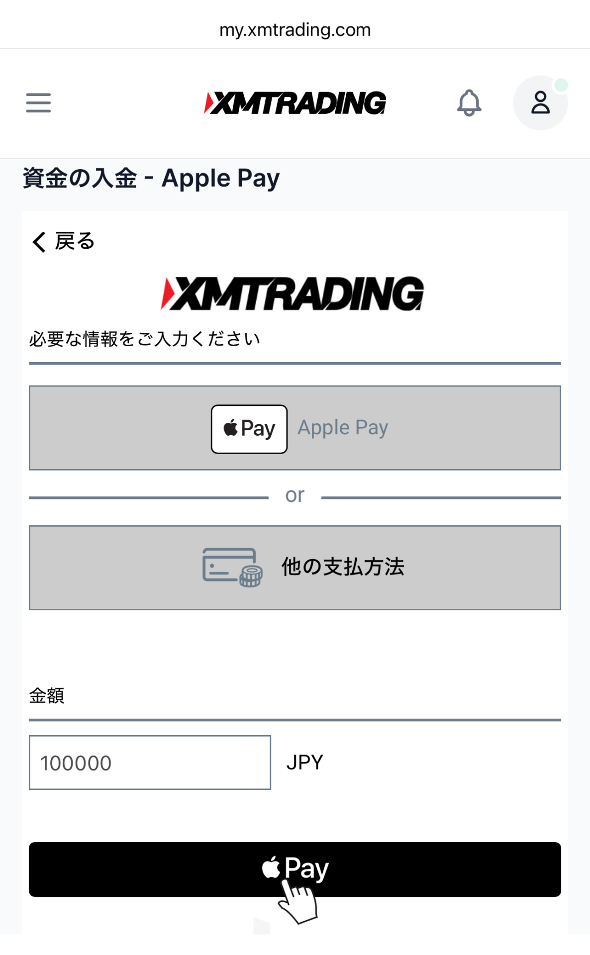 Apple Payの決済画面で金額を確認して黒いPayボタンで支払う