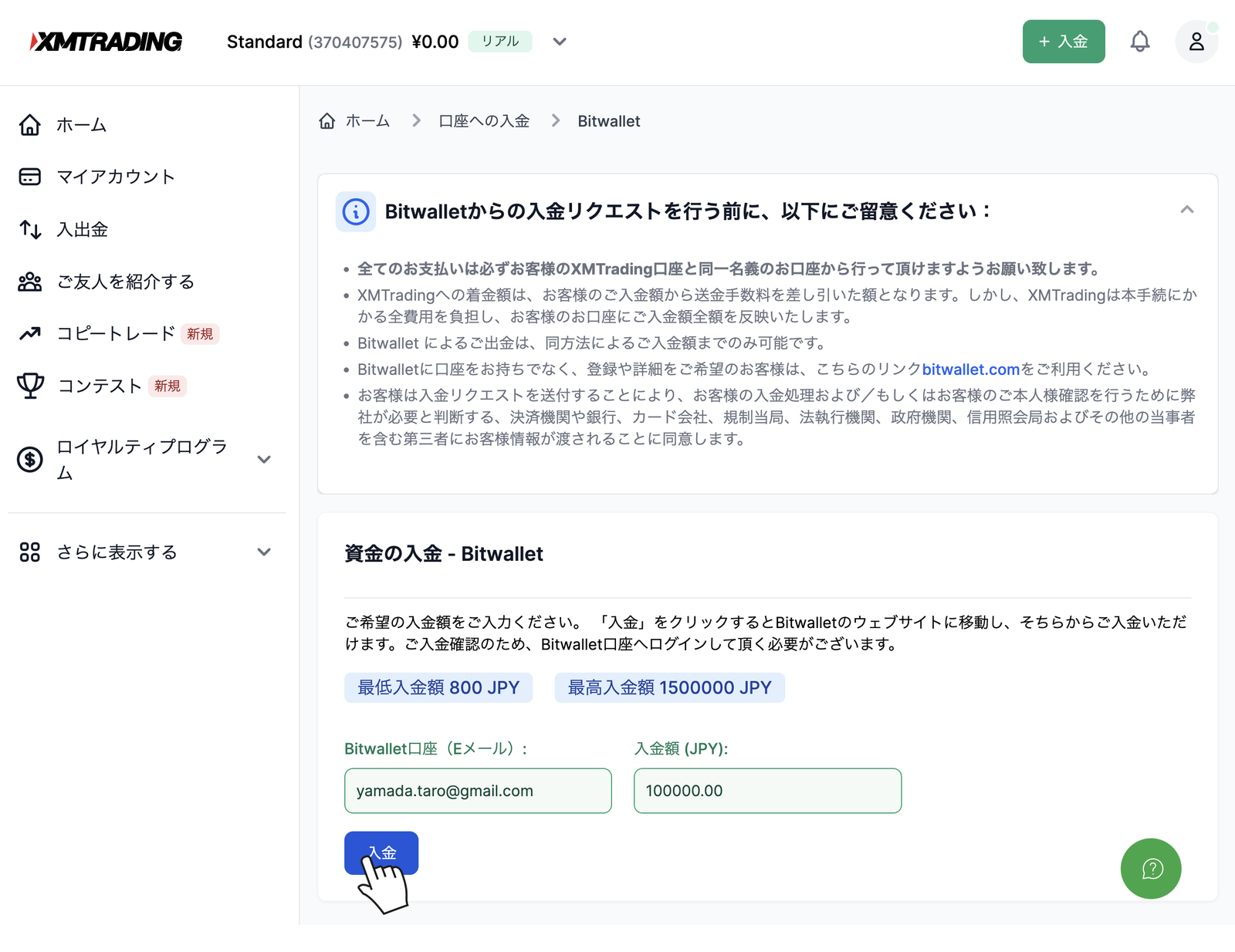 XMのbitwallet入金画面でメールアドレスと入金額を入力して入金ボタンを押す