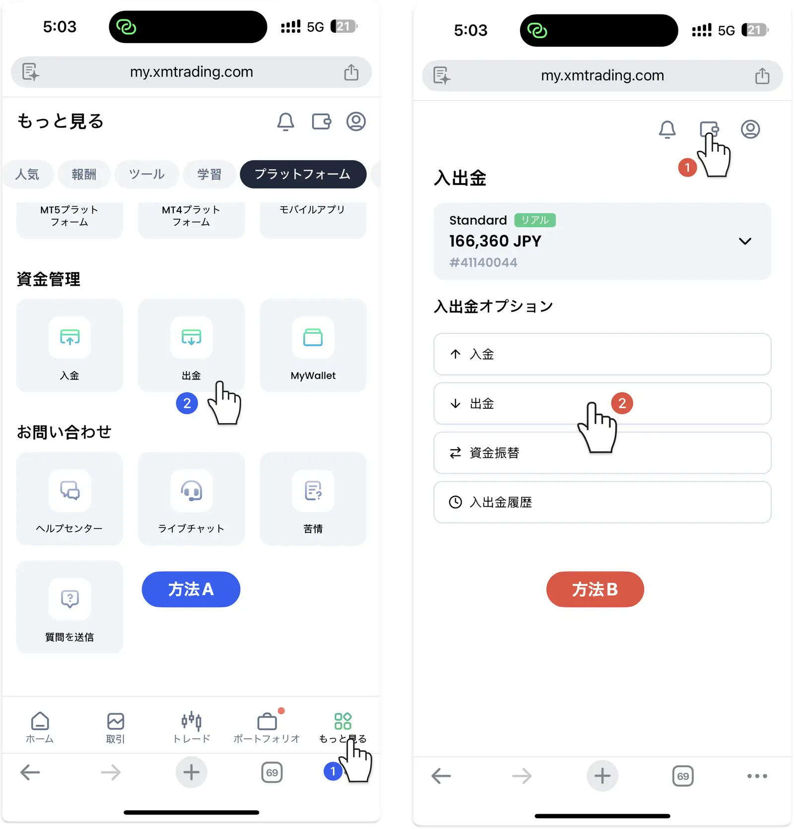 スマホでXM会員ページで出金画面を開く2つの方法。方法Aは下のメニューの「もっと見る」から資金管理の「出金」、方法Bは右上のウォレットアイコンから「出金」をタップ