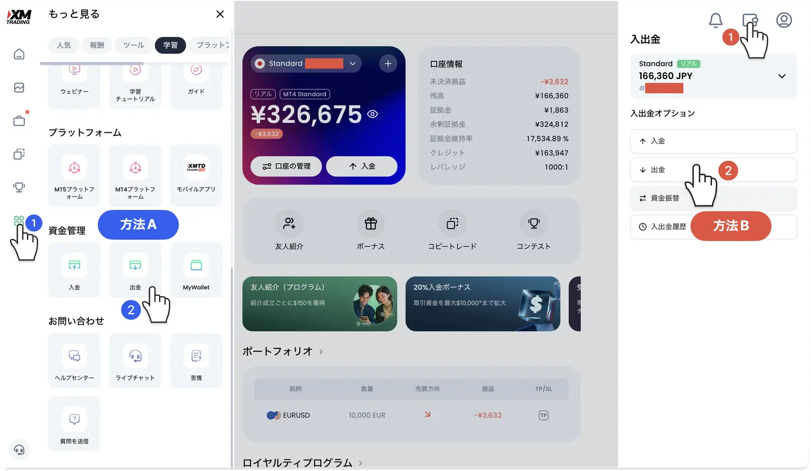 XMTrading会員ページで出金画面を開く2つの方法。方法Aは左メニューの「もっと見る」から資金管理の「出金」、方法Bは右上のウォレットアイコンから「出金」をタップ