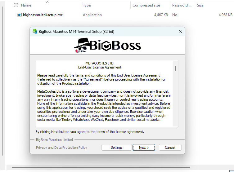 BigBoss MT4インストーラー(bigbossmultd4setup.exe)の起動画面