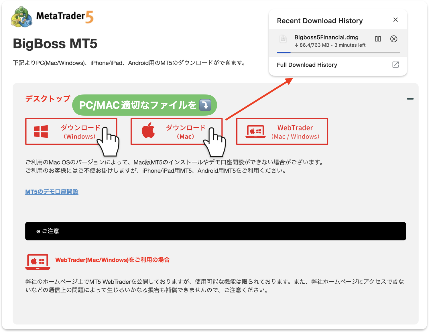 BigBoss MT5ダウンロードページ(Windows・Mac・WebTrader)