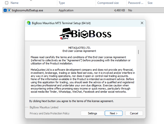 BigBoss MT5インストーラー(bigbossmultd5setup.exe)の起動画面