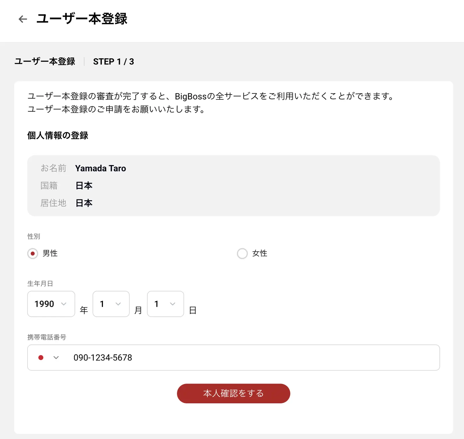 BigBoss eKYCの個人情報入力画面