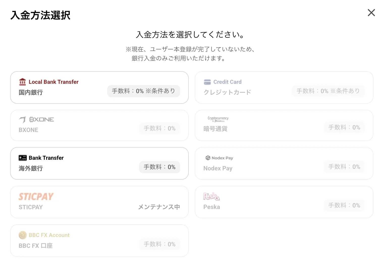 BigBoss本人確認前の入金方法選択画面（銀行入金のみ利用可能）