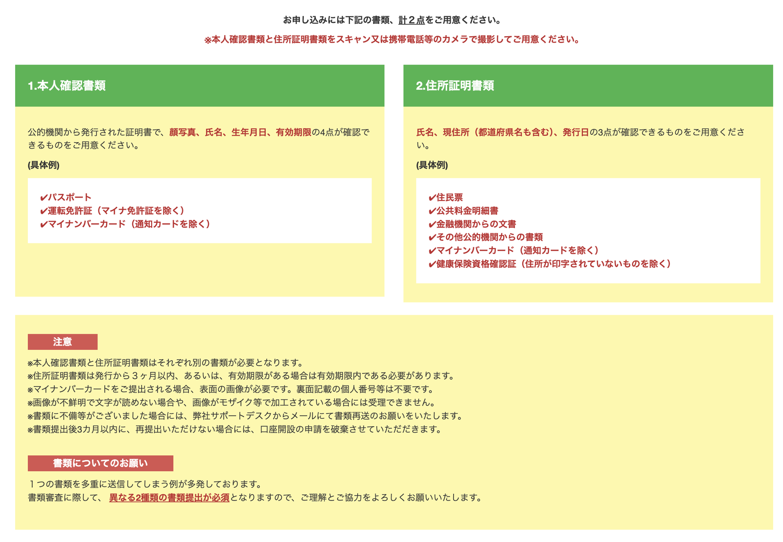 BigBoss通常口座開設で必要な書類2点の案内画面