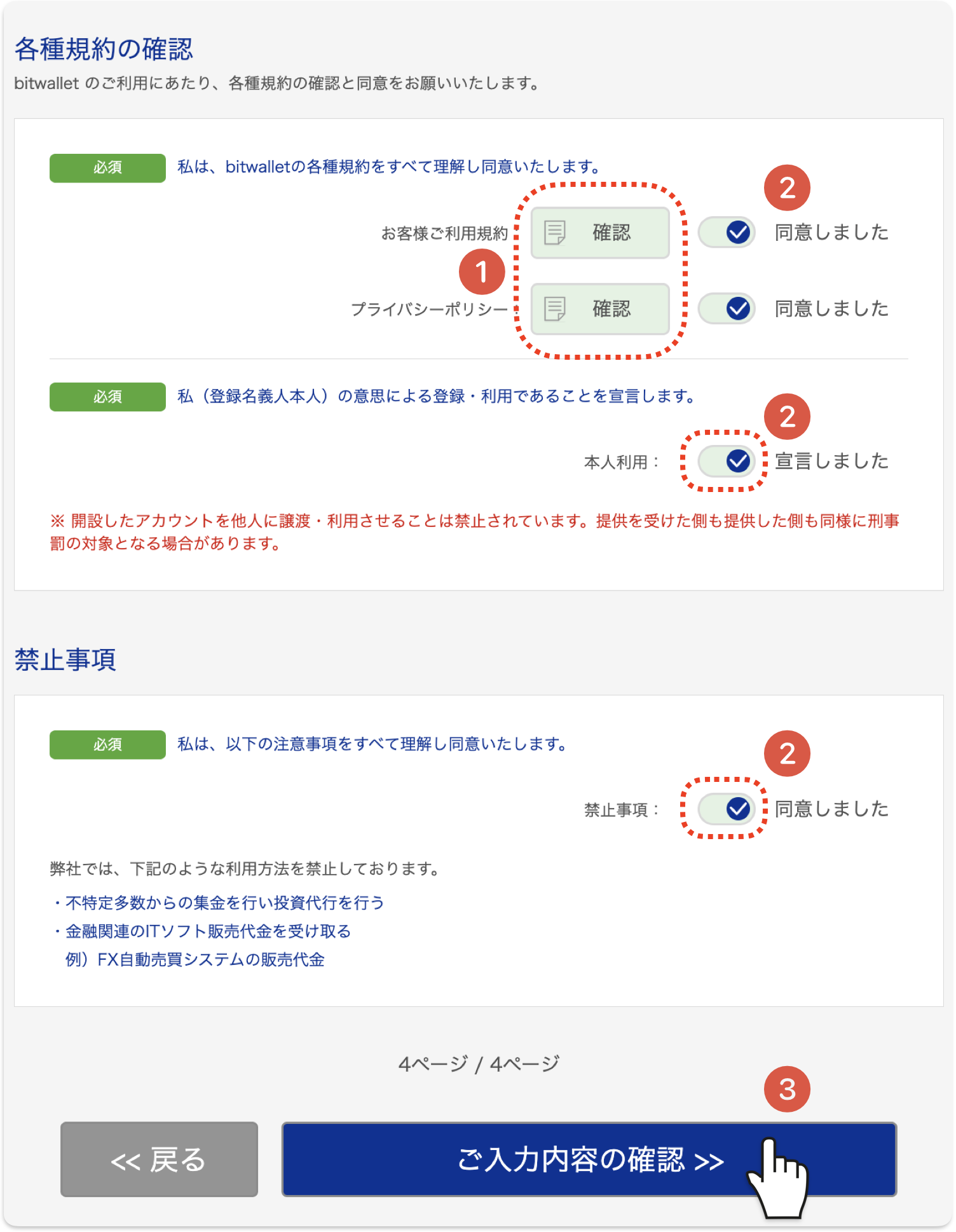 各種規約の確認画面。確認ボタンを開き同意トグルをオンにする