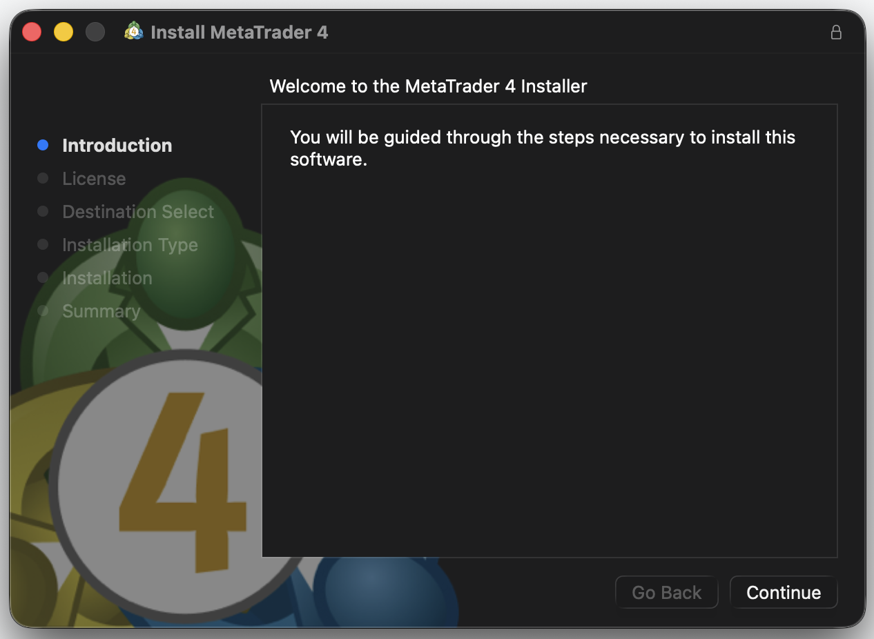 Mac版MT4のインストーラー開始画面