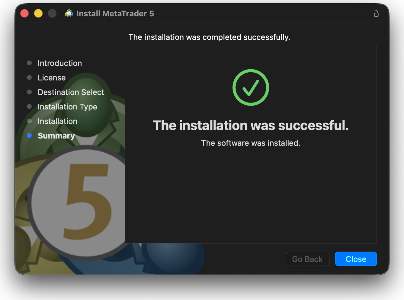 Mac版MT5のインストール完了画面「The installation was successful」