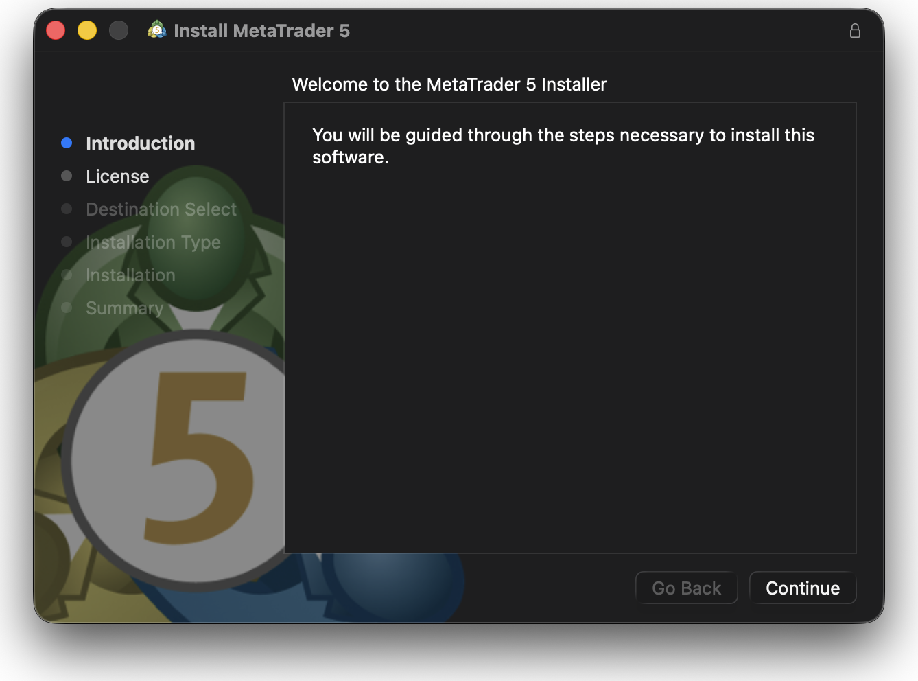 Mac版MT5のインストーラー開始画面。「Continue」をクリック