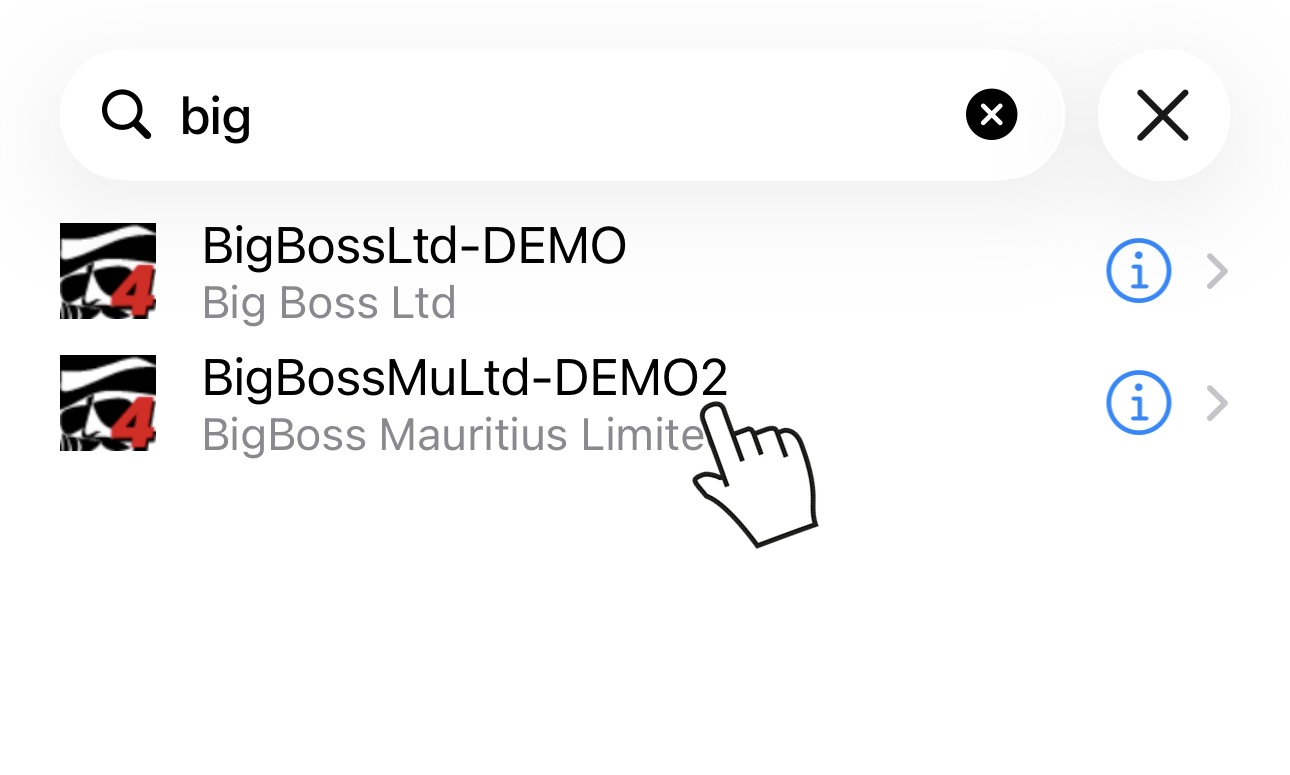 MT4アプリのブローカー検索で「big」と入力した結果（BigBossのデモサーバー2種）