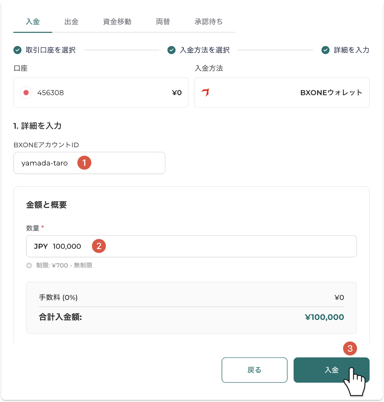 FXGTのBXONE入金画面｜BXONEアカウントIDと金額を入力