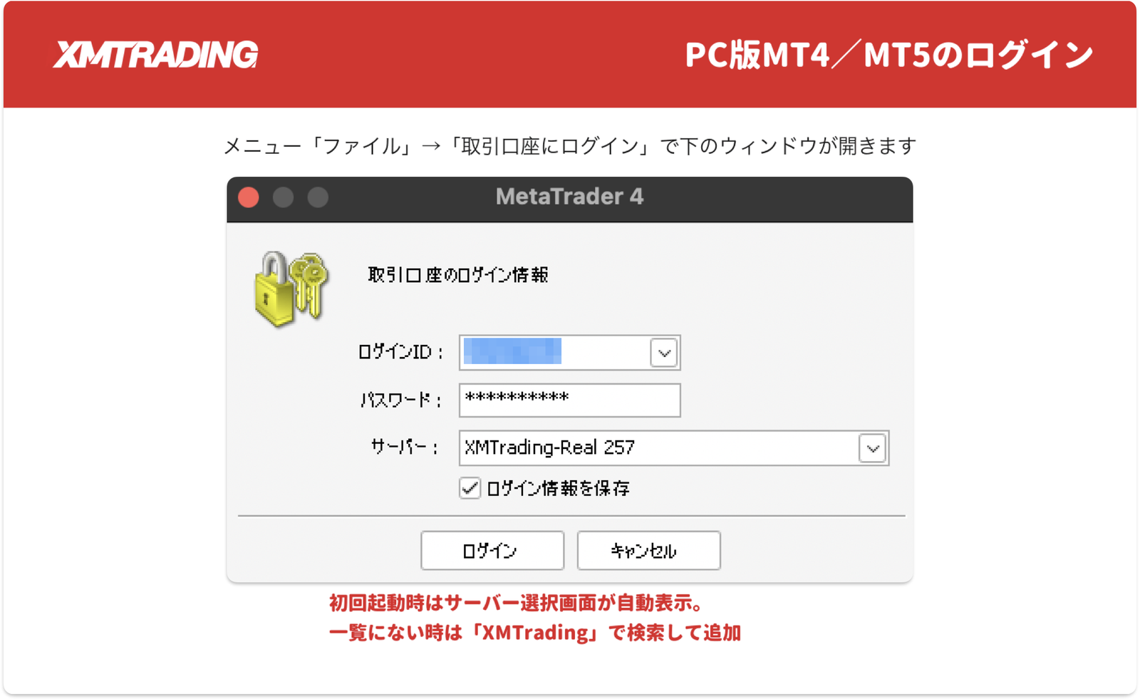 PC版MT4の「取引口座にログイン」で開くログイン画面(ID・パスワード・サーバーを入力)